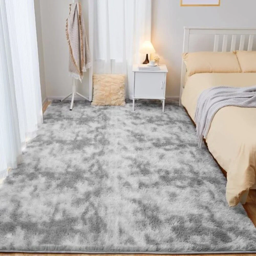 New 5x7 Ultra Soft Area Rug, Fluffy Tie-Dye Grey Non-Slip Carpet for Bedroom